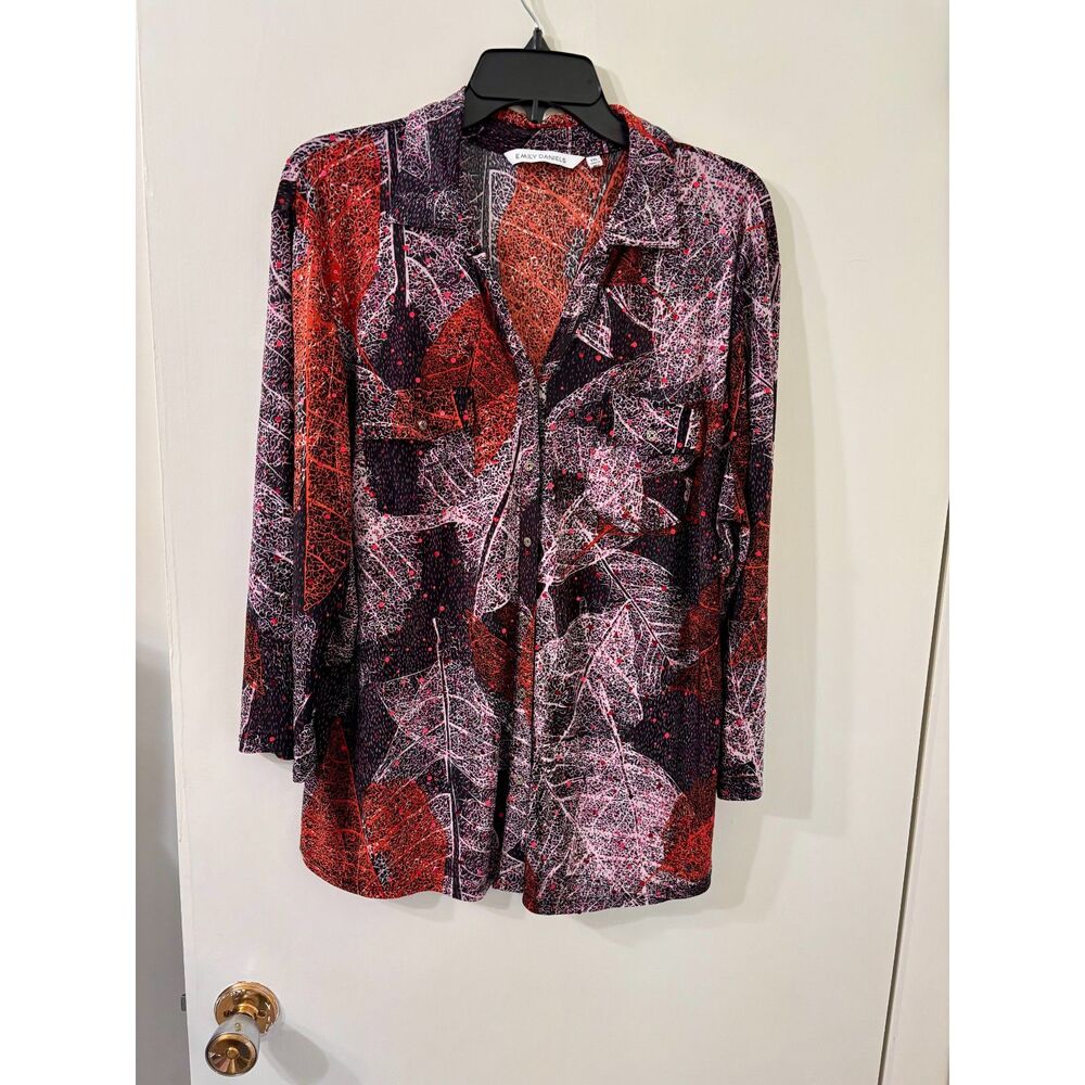 Emily Daniels XXL Spangled Leaf Background Jewel Tone 3/4 Roll Sleeve Top